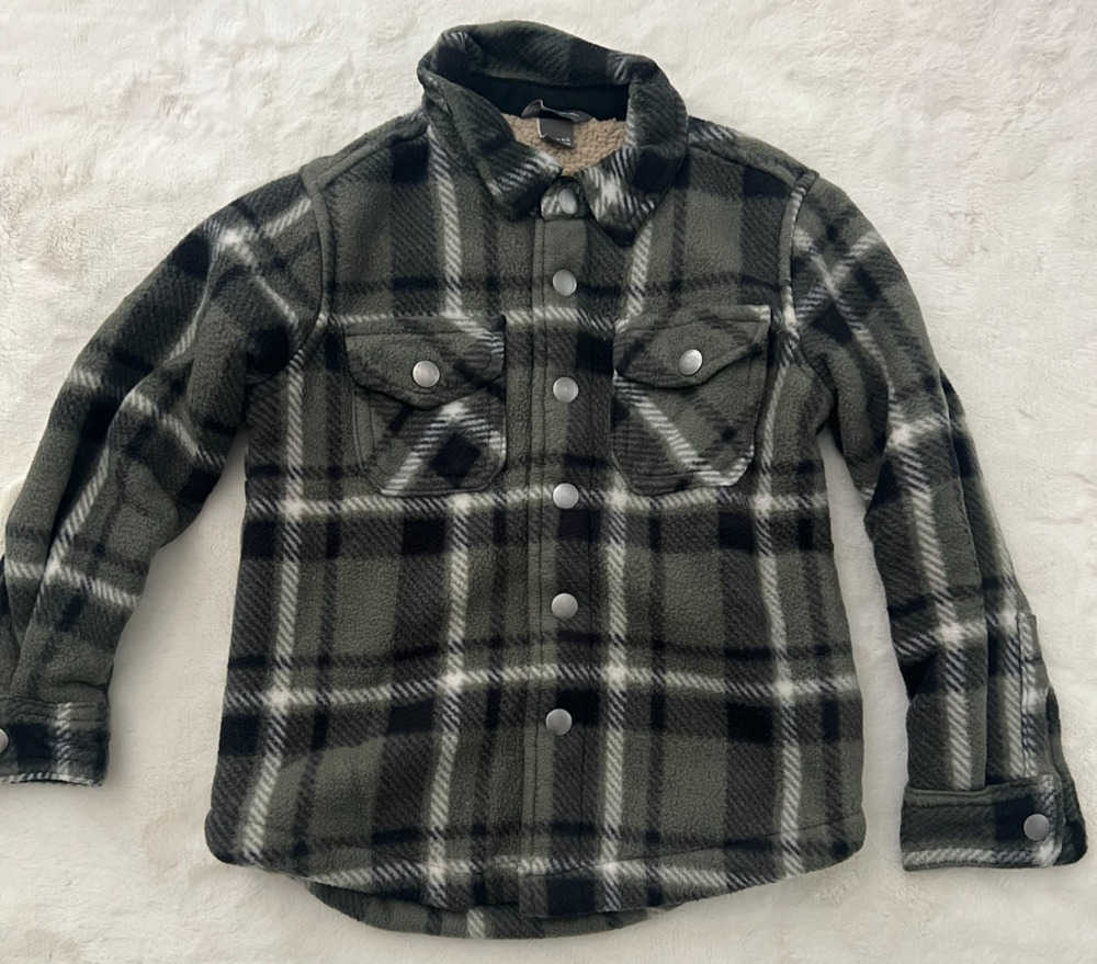 Eddie Bauer Boys Sherpa Lined Plaid Shirt Jacket Green Gray Size 4/5